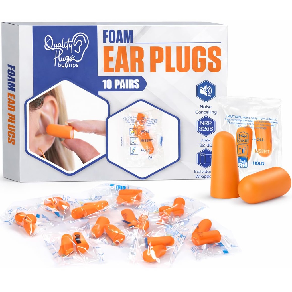 Quality Foam Ear Plugs 10 Pair - 32dB Soft Foam Earplugs for Sleeping Noise Cancelling Disposable - Individually Wrapped High Decibel Ear Plugs for Noise Reduction Construction Work Shooting Music