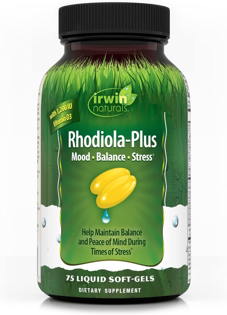 Irwin Naturals Rhodiola-Plus - 75 Liquid Soft-Gels - Βοηθά στη διατήρηση της ισορροπίας και της ηρεμίας του νου - με L-Θεανίνη, Βιταμίνη D3 & Μαγνήσιο - 25 Μερίδες