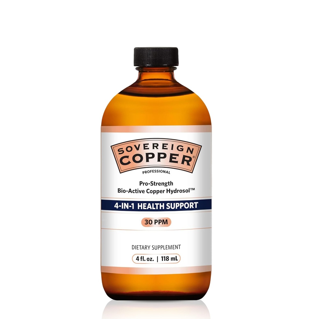 Sovereign Copper Pro-Strength Bio-Active Copper Hydrosol - Bioavailable Liquid Supplement for Adults & Kids w/Silver Hydrosol for Hair, Skin, & Nails, 30ppm - 4 fl oz (118mL)
