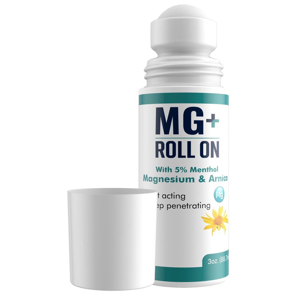 MG+ Magnesium Roll On for Pain Relief, with Fast Acting Arnica - 3 Oz | Made in the USA - Penetrating Menthol Roll On For Topical Pain Relief, Aches, Sore Muscle Pain