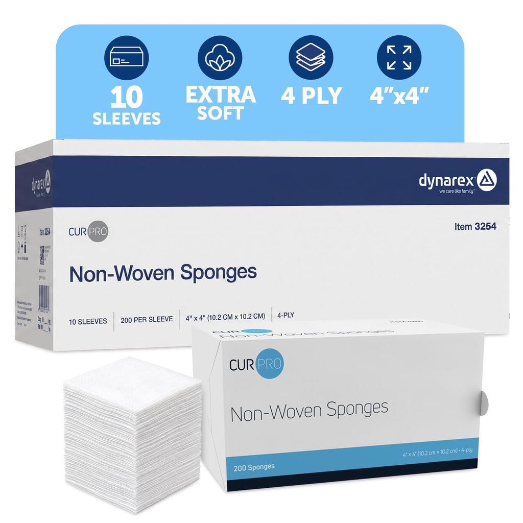 Dynarex Non-Woven Sponges, Non-Sterile, Gauze Sponges, Highly-Absorbent and with Less Linting, 4"x 4", 4 Ply, 1 Case of 2000 (10 Boxes of 200) [Packaging May Vary] | All-Purpose Highly Absorbent Wound Care Gauze Pads - 10 Boxes per Case, 200 Sponges per Box
