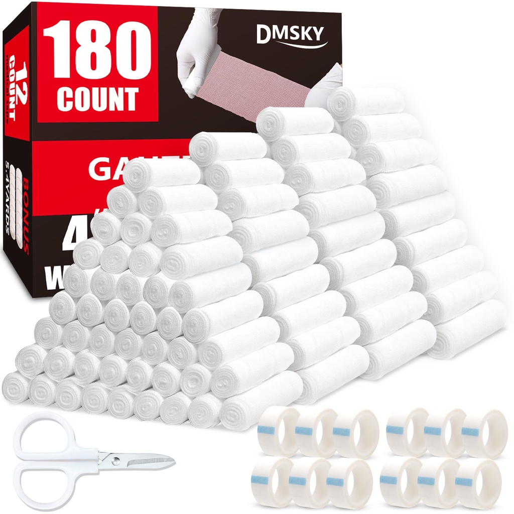 DMSKY 180 Pack Gauze Rolls, 4 in x 4.1 Yards | Individually Wrapped Gauze Wrap Roll for Wounds, Premium Rolled Gauze Bandage Wrap, Mummy Wraps