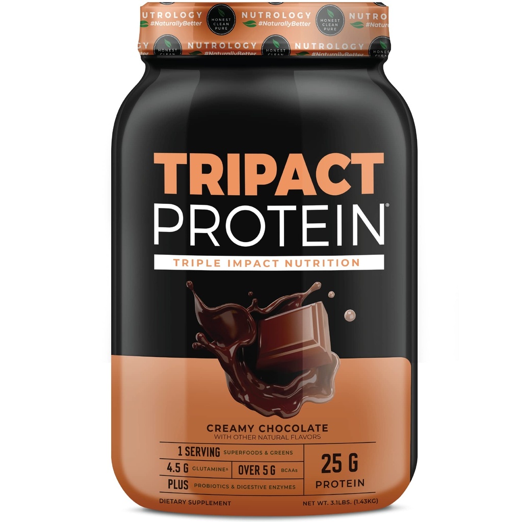 Nutrology TRIPACT Protein Powder - 7-σε-1 Αντικατάσταση γεύματος Ανακινήστε με Grass Fed Whey Protein Powder, Pea, Rice, Greens for Muscle Recovery & Immunity, Creamy Chocolate Flavor, 40 Servings