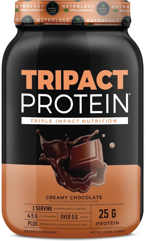 Nutrology TRIPACT Protein Powder - 7-σε-1 Αντικατάσταση γεύματος Ανακινήστε με Grass Fed Whey Protein Powder, Pea, Rice, Greens for Muscle Recovery & Immunity, Creamy Chocolate Flavor, 40 Servings