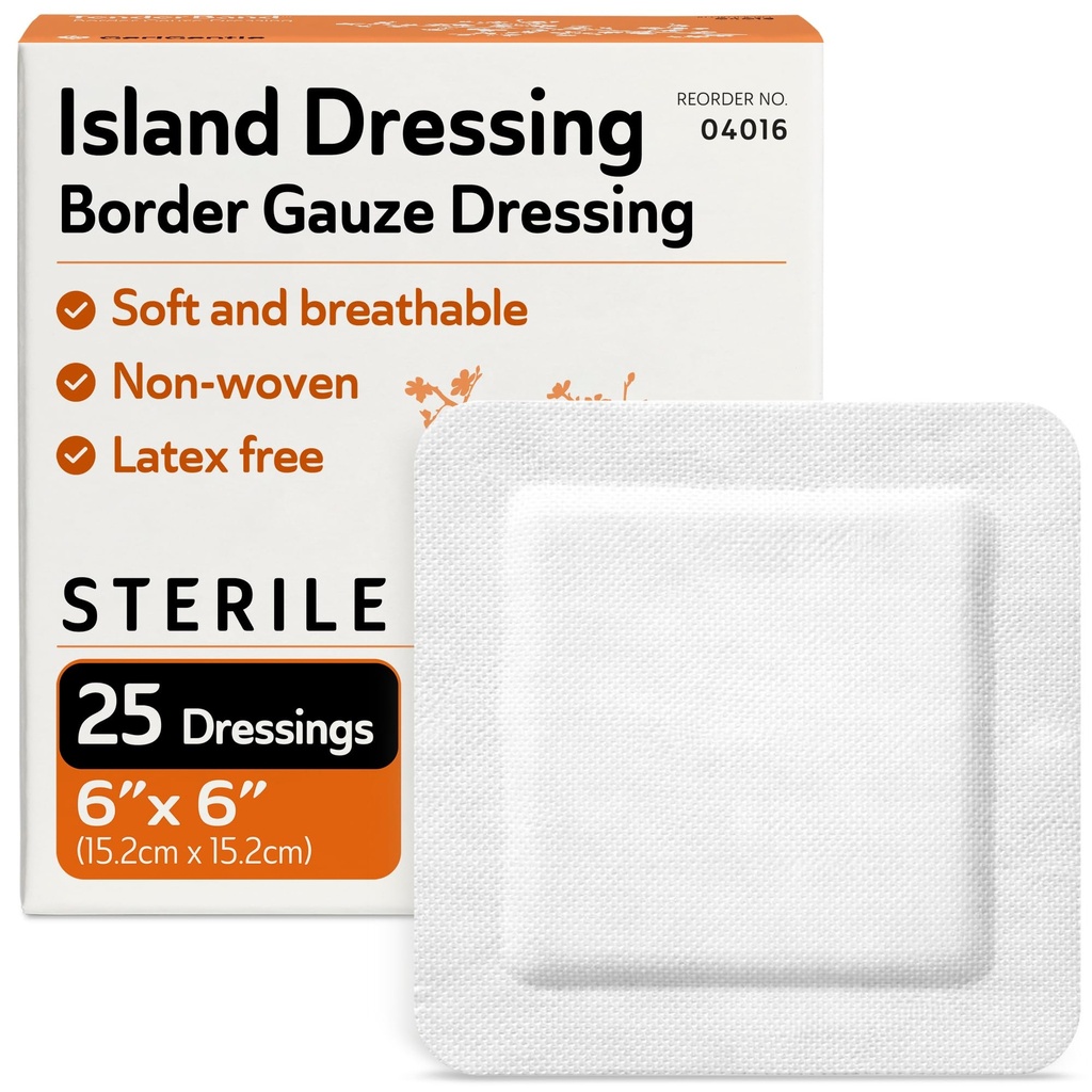 Bordered Gauze Island Dressing 6x6-25 Large Adhesive Bandages for Wound Protection - Good for Hospitals, Medical Facilities, First Aid Kits, and More