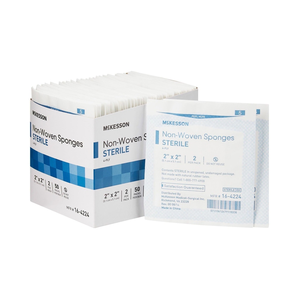 McKesson Non-Woven Sponges, 4-Ply, Sterile, 2 x 2 in, 100 ct | Polyester / Rayon