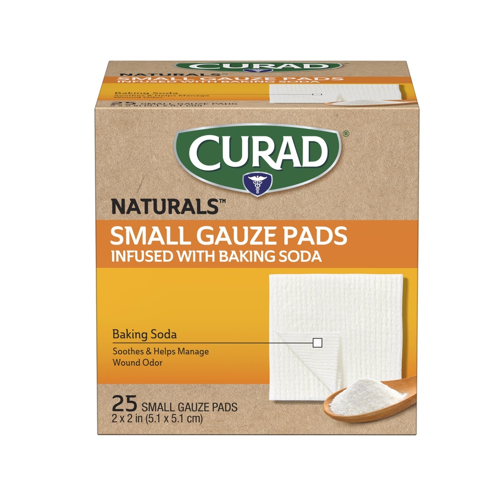 CURAD® Naturals™ Small Gauze Pads with Baking Soda, 2 in x 2 in, 25 Count | First Aid Kit Essentials, 25 Individually Wrapped Sterile Gauze Pad Packages
