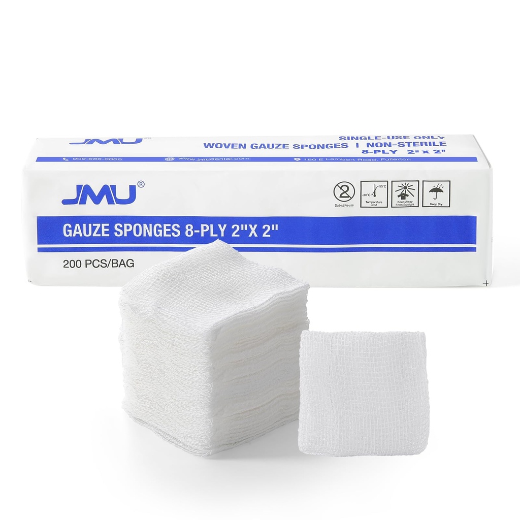 JMU 200 Woven Gauze Sponges 2x2, 8-Ply Non-Sterile Guaze Pads | 100% Cotton Dental Pads