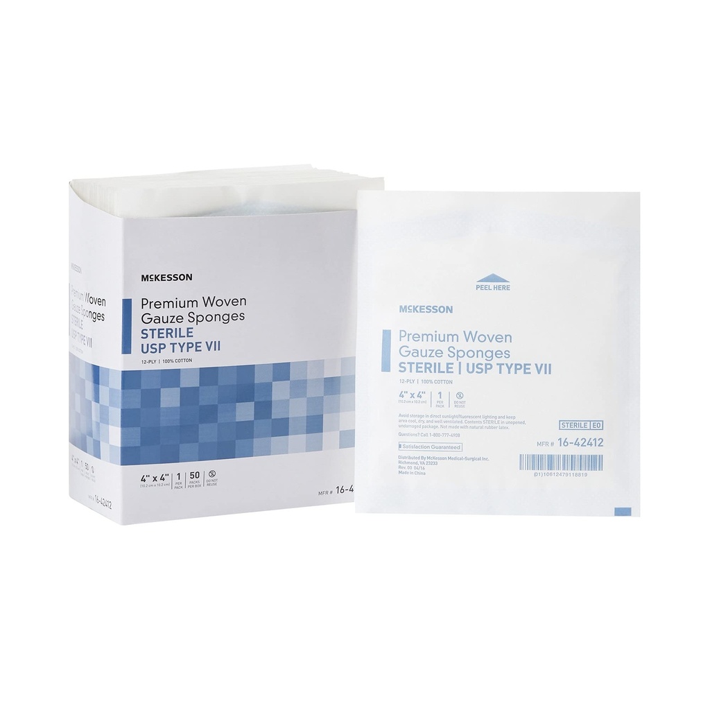 McKesson Premium Woven Gauze Sponges, Sterile, 12-Ply, 4 x 4 in, 1 per Pack | USP Type VII, 100% Cotton