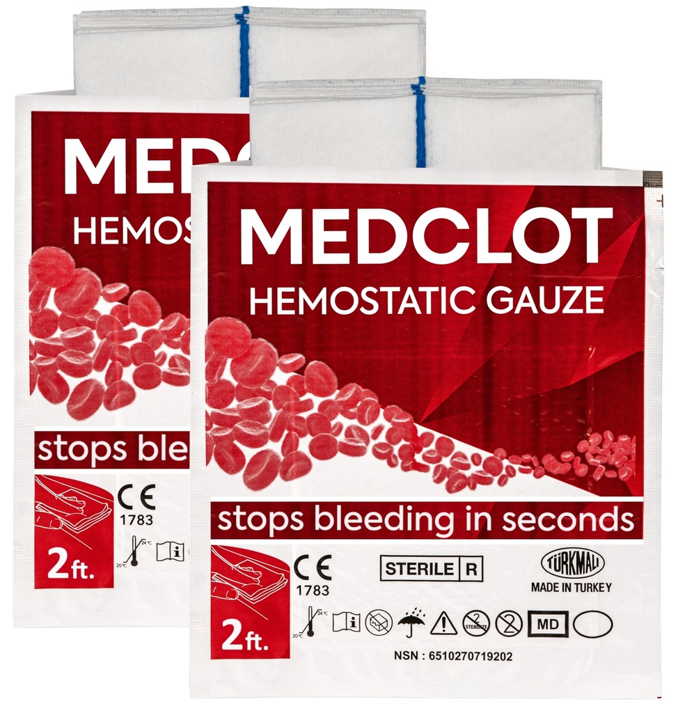 Hemostatic Gauze Bleed Stop Kaolin Blood Clotting Bandage 2-Pack 2ft