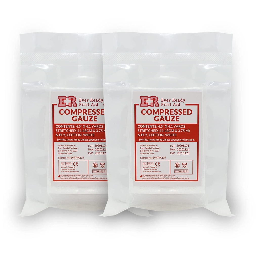 Ever Ready First Aid Compressed Sterile Gauze, 6-Ply Emergency Medical Dressing for First Aid Kits – 4.5” x 4.1 Yards - 2 Pack