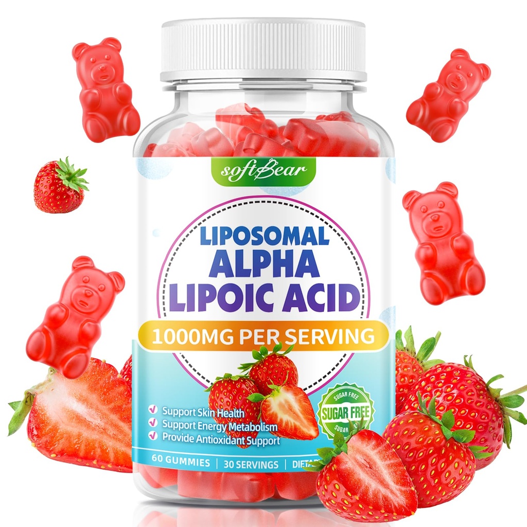 softbear Liposomal Alpha Lipoic Acid Gummies 1000mg, Alpha Lipoic Acid Nutritional Supplements for Nerve Health & Antioxidant Support, Organic/Vegan/Sugar-Free, Strawberry Flavor 60 Count