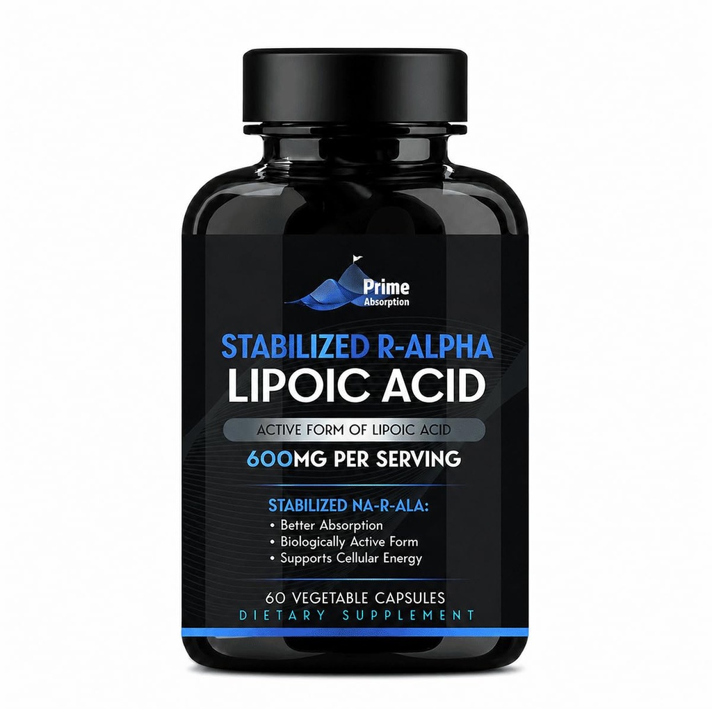 Stabilized R-Alpha Lipoic Acid- 600mg per Serving, 60 Vegan Capsules- Active R-Form of R-Lipoic Acid with Enhanced Absorption, Non-GMO-Gluten-Free (Na R-ALA) Supplement