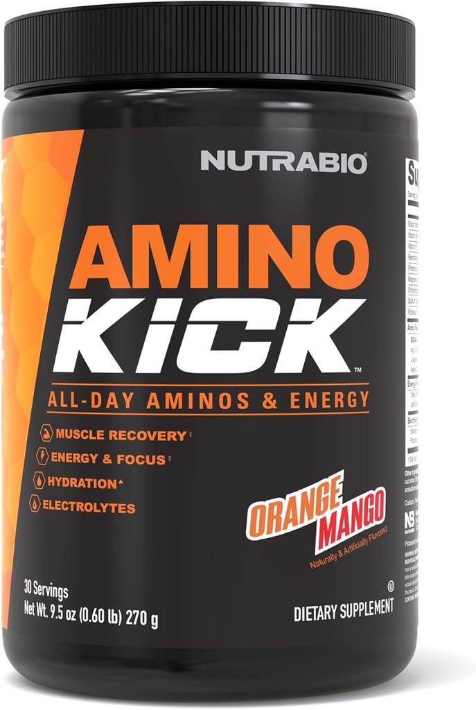 NutraBio Amino Kick – BCAA σκόνη με φυσική καφεΐνη – Amino Acids συμπλήρωμα για την ενέργεια, την ενυδάτωση και την ανάκτηση – BCAAs, ηλεκτρολύτες & αμινοξέα – Orange Mango, 30 εξυπηρετούν