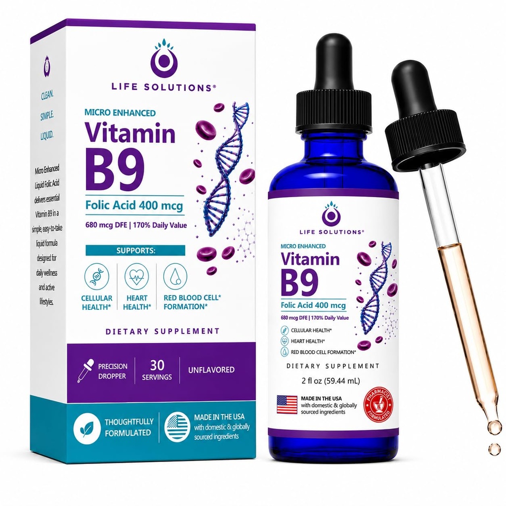 Life Solutions Vitamin B9 Liquid Drops, Folic Acid 400 mcg, 2 fl oz | 400 mcg folic acid per serving in convenient liquid drops with a precision dropper for easy daily use.