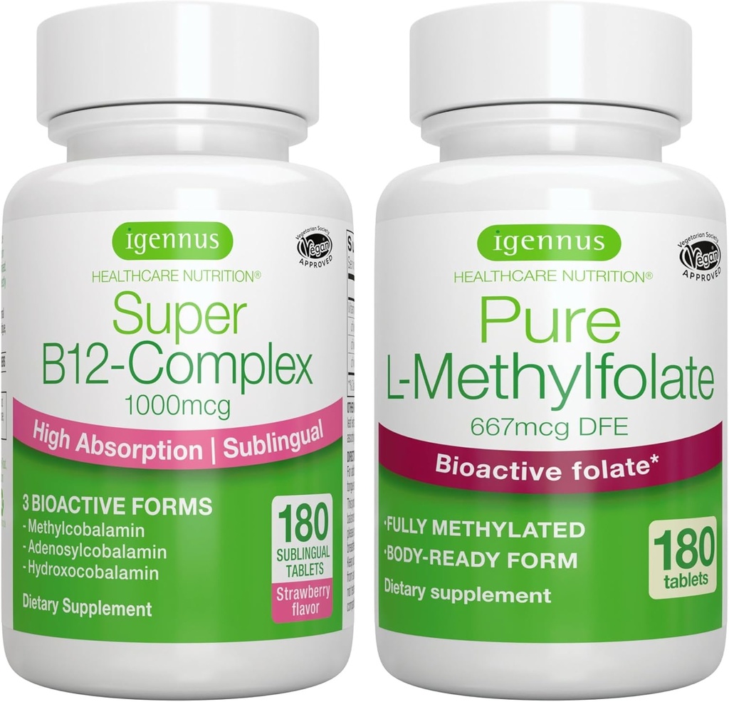Super B12-Complex 1000mcg + Pure Folate 400mcg Vegan Bundle, Υψηλής Απορρόφησης Υπογλώσσια Βιταμίνη B12 με Μεθυλοκοβαλαμίνη, Αδενοσυλοκοβαλαμίνη & Υδροξοκοβαλαμίνη + Βελτιστοποιημένη L-μεθυλοφολική, από Igennus