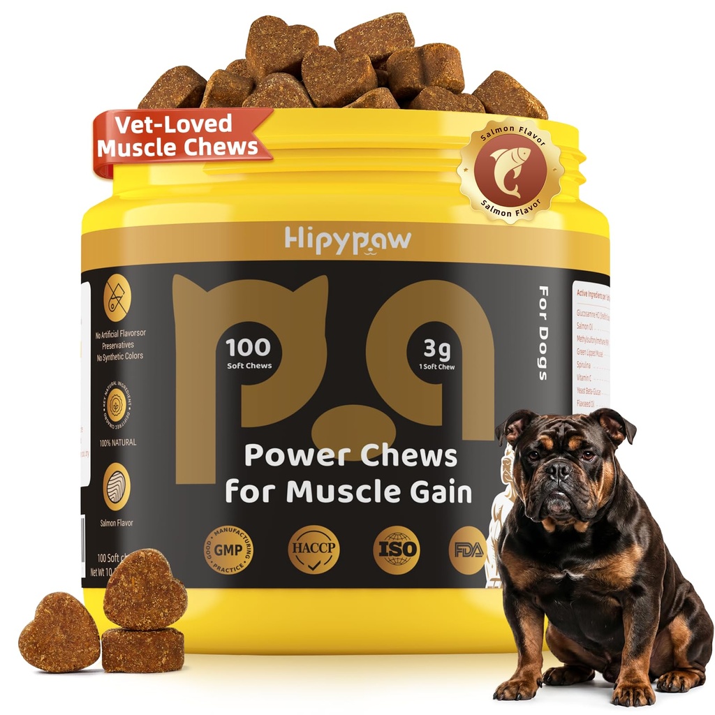 4-in-1 Muscle Gain Chews for Dogs: High Protein Supplement with BCAAs, Glucosamine & Salmon Oil – Premium Muscle Builder for All Breeds, Puppies to Senior – Salmon Flavor Soft Chews, 100 Tabs