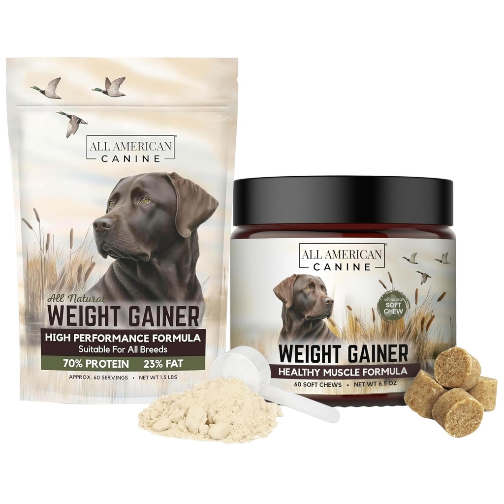 All American Canine Dog Weight Gainer Powder & Chews Bundle | High-calorie powder plus soft chews for weight gain, mass and recovery, appetite stimulant, made in USA