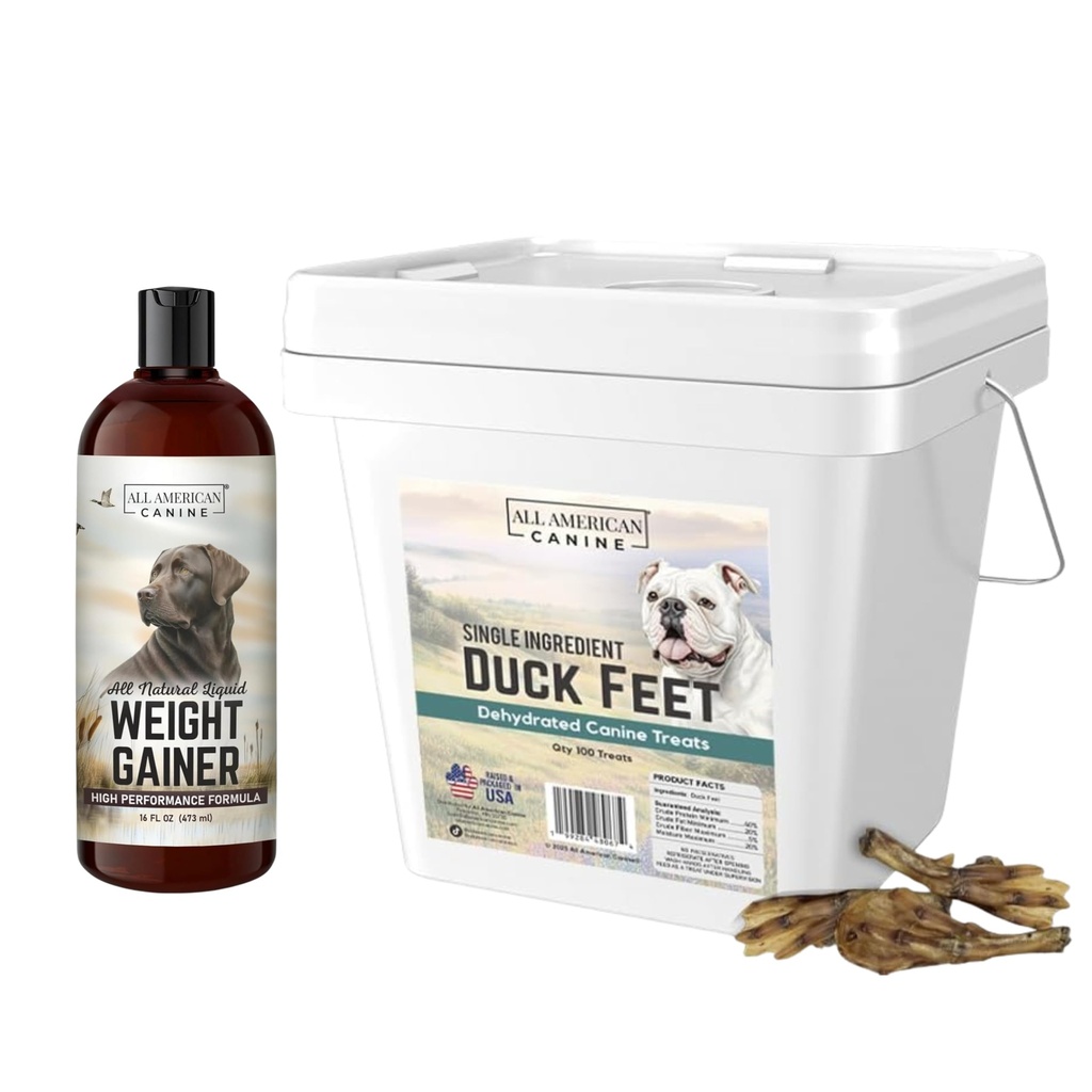 All American Canine Dog Weight Gainer Liquid & 100 Duck Feet Bundle | Weight gainer liquid, single ingredient crunchy duck feet, joint and dental support, high calorie weight gain and recovery