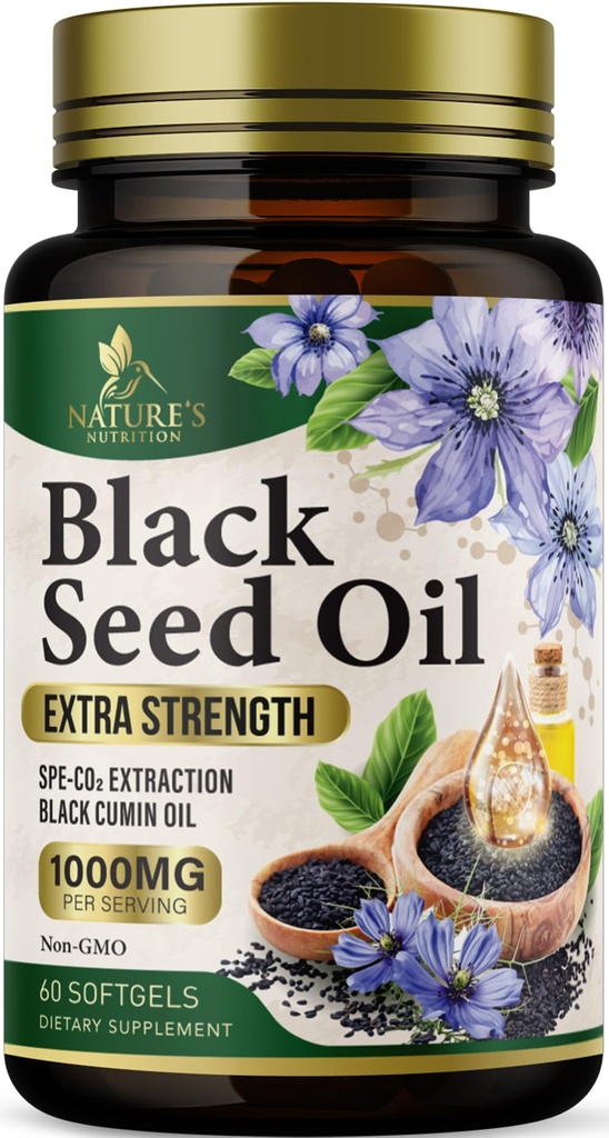 Black Seed Oil Softgels 1000mg - Premium Nigella Sativa Blackseed, Pure Natural Black Cumin Seed Oil & Antioxidant for Skin & Immune Support - Μη ΓΤΟ, Εμφιαλωμένο στις ΗΠΑ Συμπλήρωμα - 60 Softgels