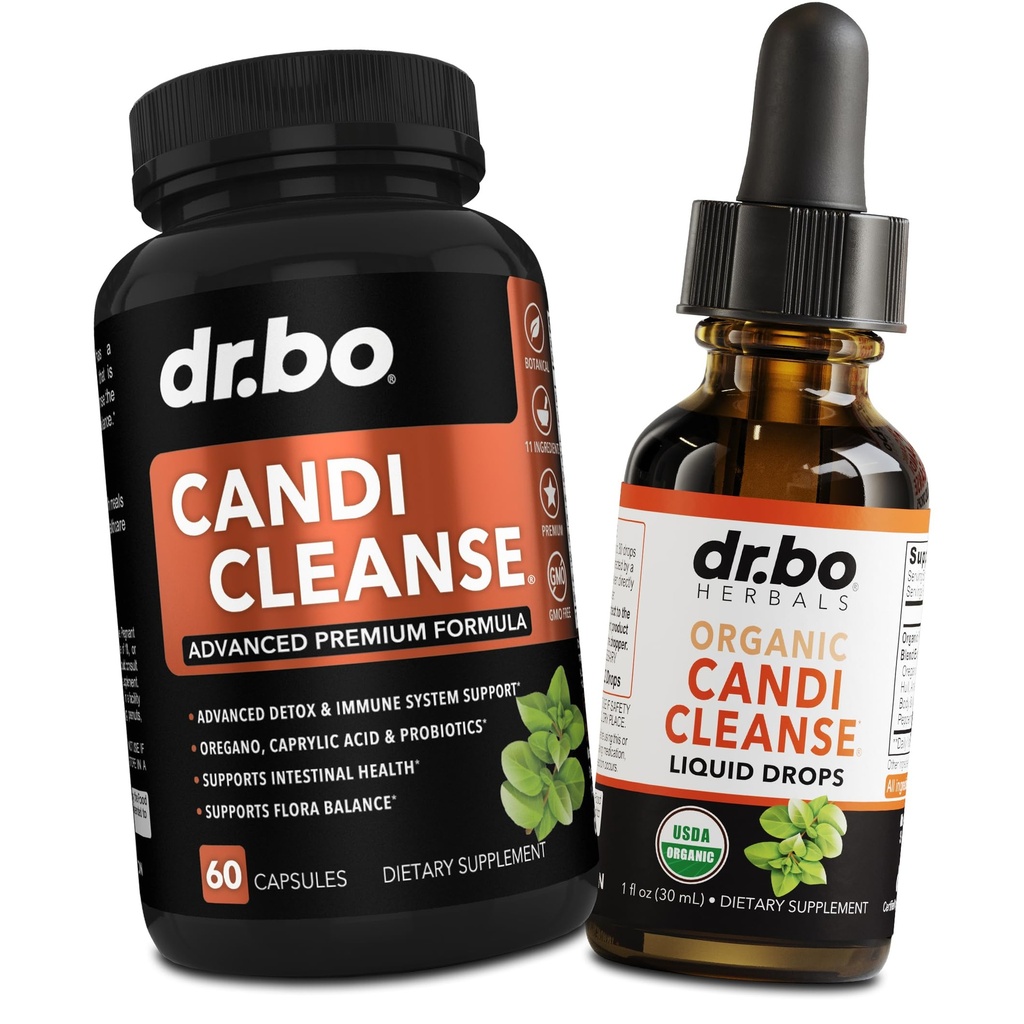 Candi Cleanse Support Supplement Pills & Drops - Organic Oregano Oil Drops Liquid & Black Walnut Wormwood - Extra Strength Natural Oral Gut Cleanser Detox Health Supplements & Caprylic Acid Capsules