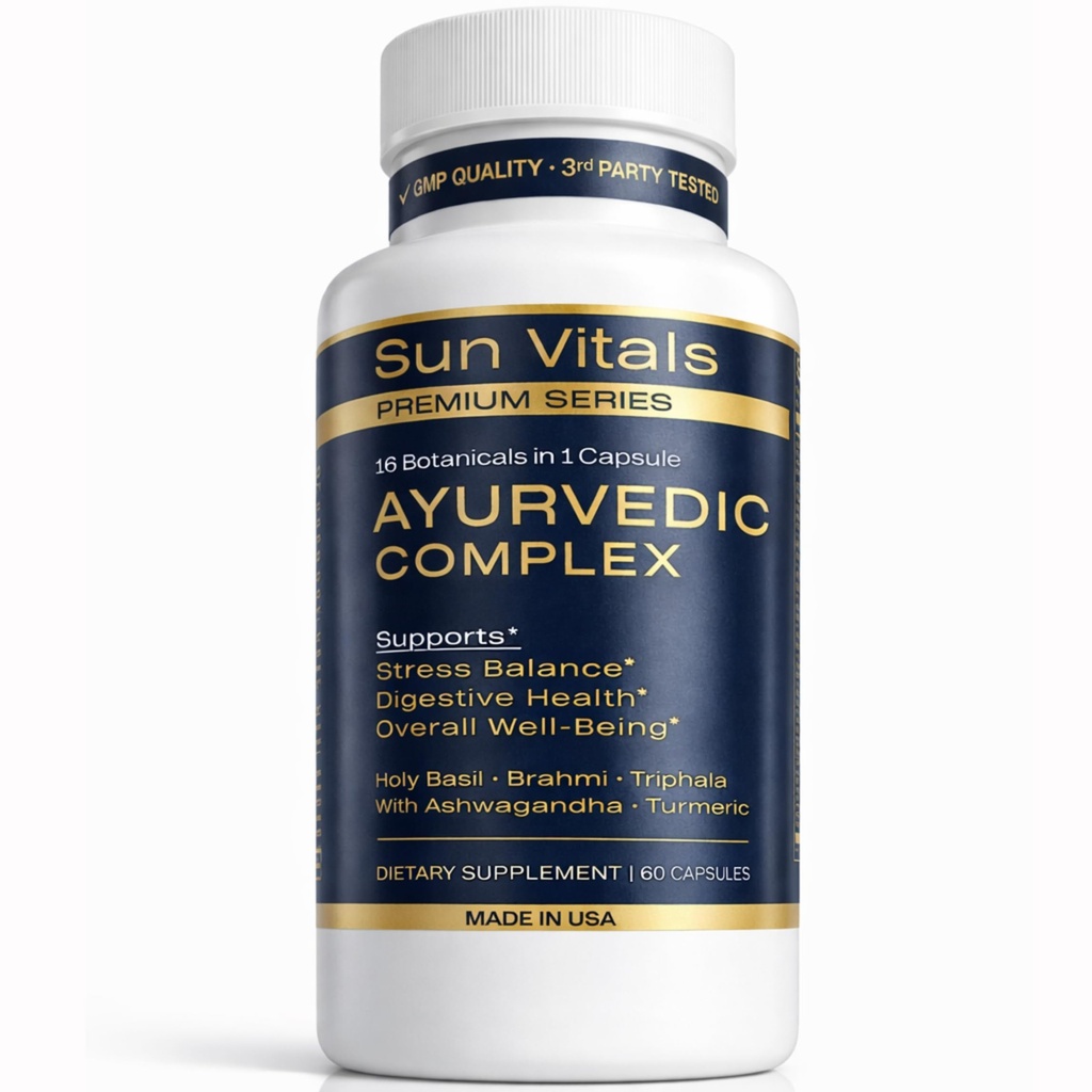 Sun Vitals Adaptogen Complex – Ashwagandha, Turmeric, Brahmi & Holy Basil | 16 Ayurvedic Botanicals | Stress Balance, Cognitive & Digestive Support | Triphala, Shilajit & Cordyceps | 60 Vegan Capsules