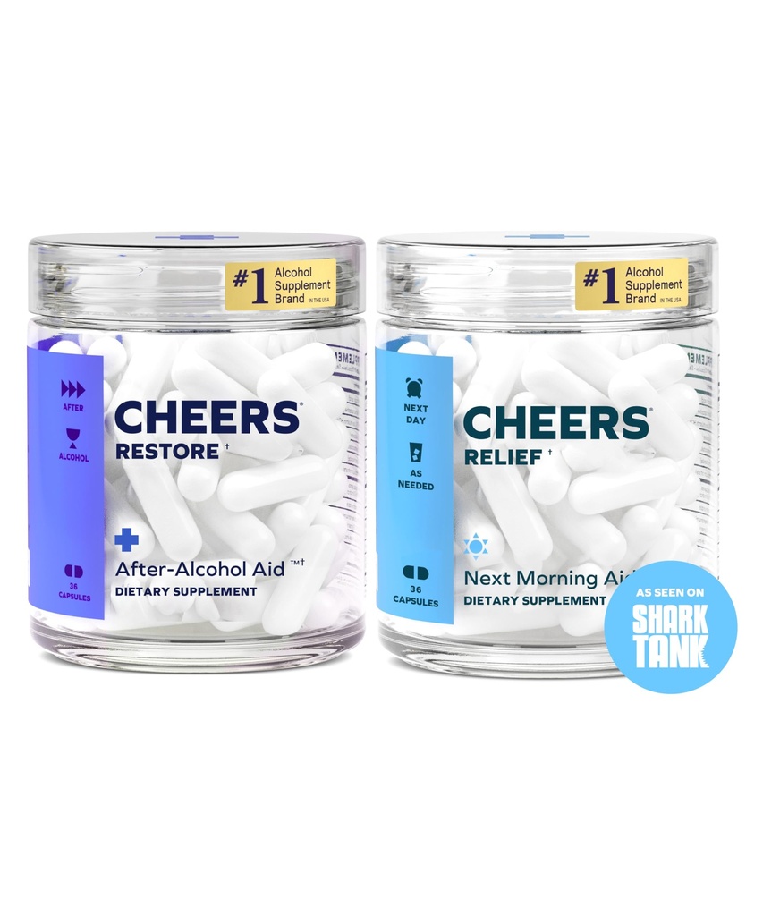 Cheers R&R Combo | Restore + Relief | Feel Better After Drinking & Support Your Liver | DHM, L-Cysteine, Milk Thistle, Ginger, White Willow Bark, Caffeine, L-Theanine | 12 Doses Each | Supplements