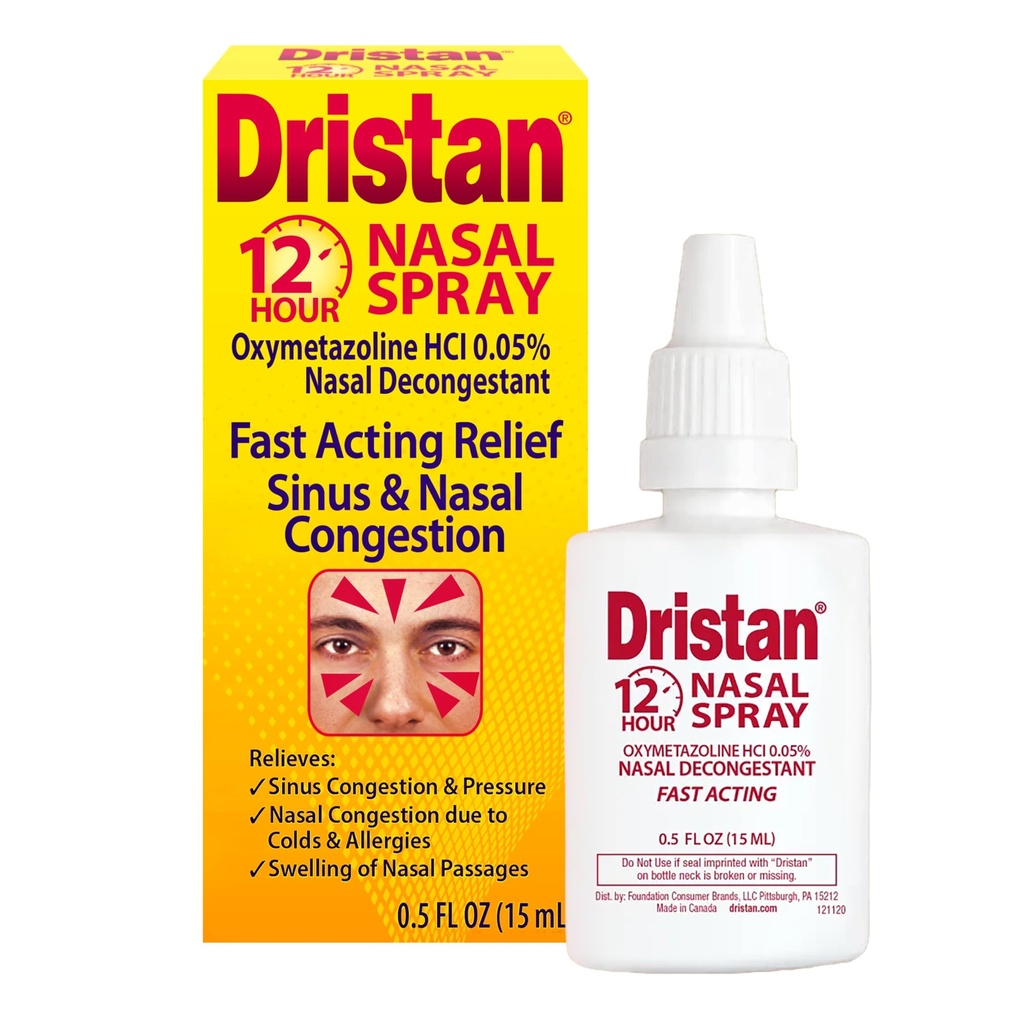 Dristan 12-Hour Nasal Spray Decongestant, Fast-Acting Relief, 0.5 fl oz | Long-lasting relief from sinus pressure & nasal congestion due to colds, hay fever & allergies, contains oxymetazoline HCI