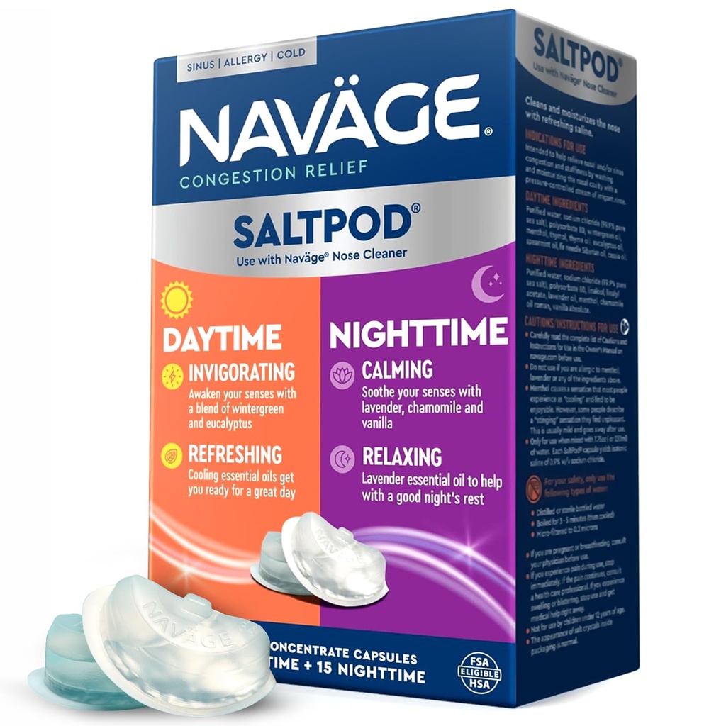 Navage® SaltPods Refills, Daytime & Nighttime, 30-Pack (15 Each Variety) | Around-the-Clock Relief: 15 Daytime and 15 Nighttime Pods for Morning and Night Congestion Relief