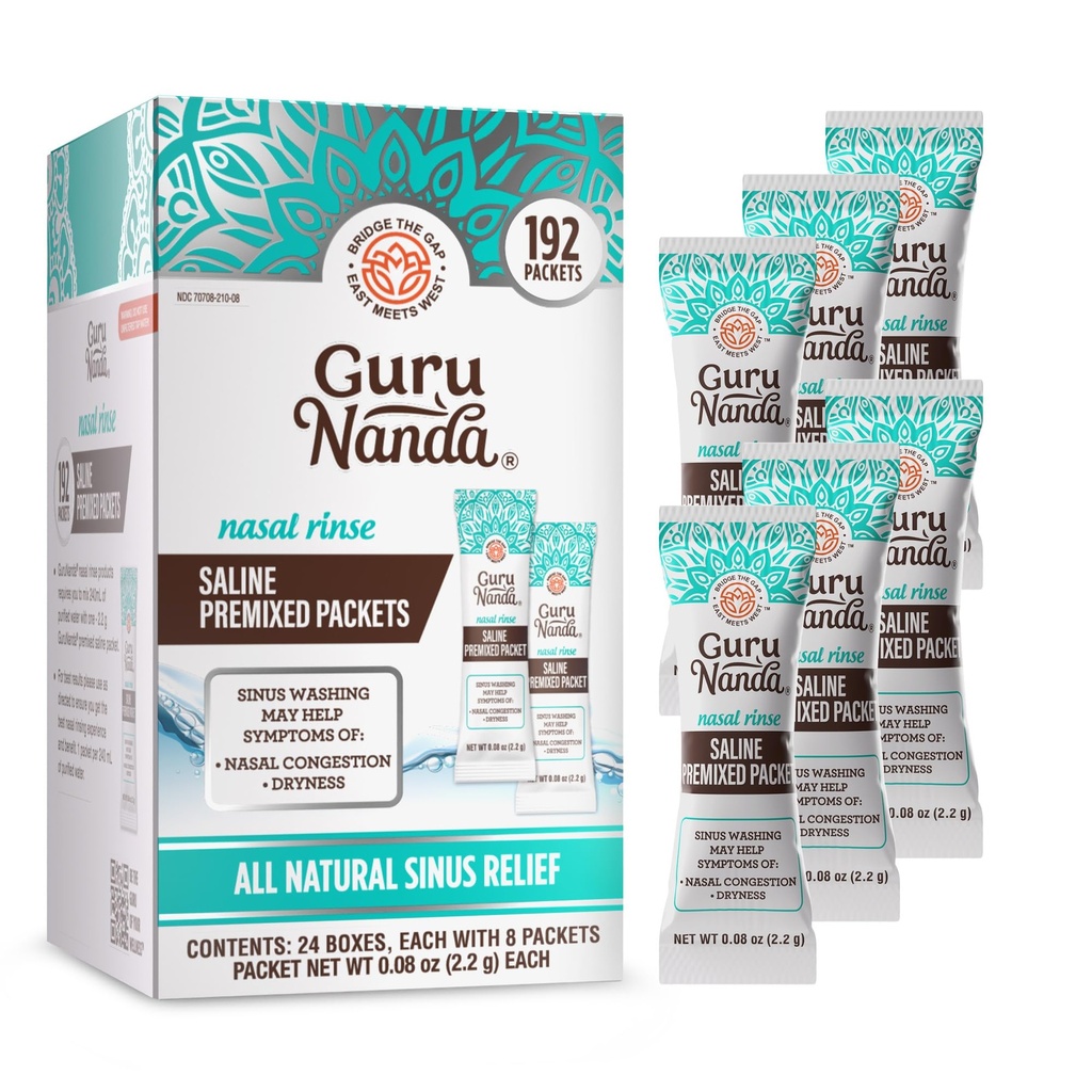 GuruNanda PreMixed Saline Packets for Nasal Rinse (192 Count), All Natural Sinus Rinse Packets to Help with Allergies & Congestion Relief, 0.08oz Each