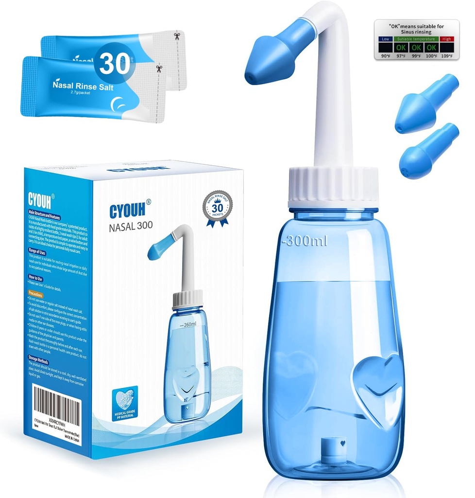 Neti Pot Sinus Rinse Bottle 300 ML with 30 Nasal Wash Salt Packets and Sticker Thermometer Nose Wash Cleaner Pressure Rinse Nasal Irrigation for Adult & Kid BPA Free (Blue)