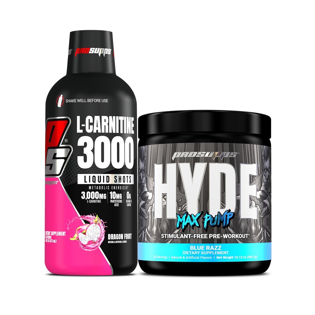 PROSUPPS L-Καρνιτίνη 3000 Simulant Free Liquid Shots (31 Servings, Dragon Fruit) και Hyde Max Αντλία προ προπόνηση για άνδρες και γυναίκες (20 Servings, Blue Razz) Bundle