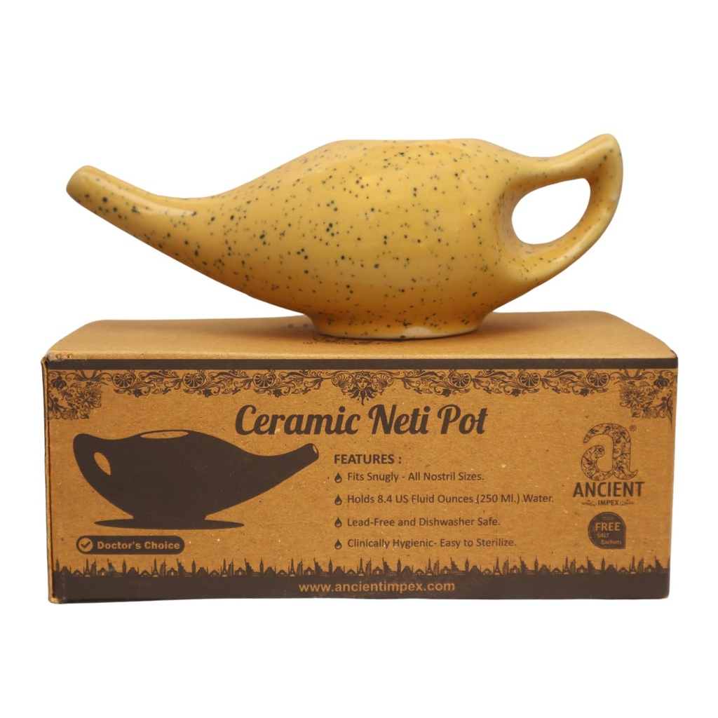 ANCIENT IMPEX Ceramic Neti Pot (Freckle Orange, 250 ml) with 5 Neti Salt Sachets – Natural Nasal Cleansing, Sinus & Congestion Relief | Ayurvedic Neti Pot