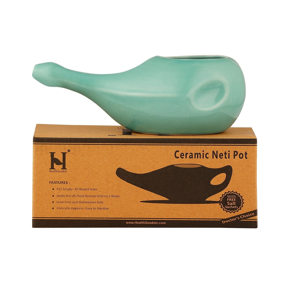 HealthGoodsIn Ceramic Neti Pot, Dishwasher Safe, for Nasal Cleansing + 5 Sachet Neti Salt, Without Handle (Teal)