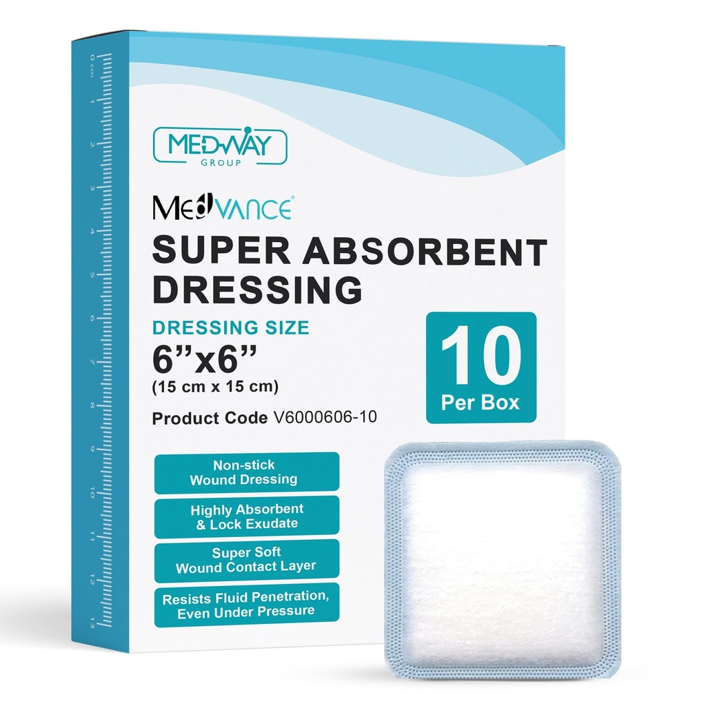 MedVance Super Absorbent Wound Dressing, Non-Adhesive Pads, 6"x6" Box of 10 | Sterile And Individually Wrapped - Non-Stick Wound Bandages - Super Soft - Highly Absorbent & Lock Exudate - Leakproof