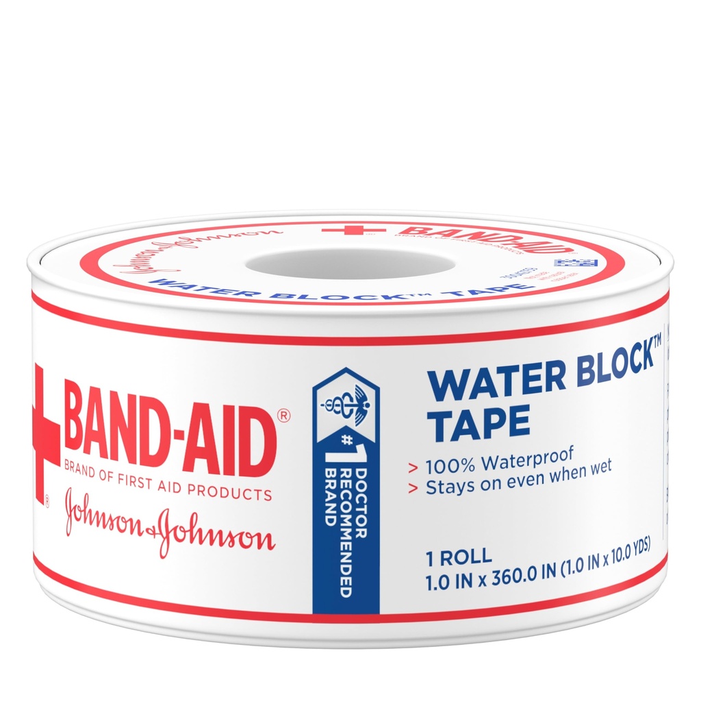 BAND-AID Brand of First Aid Products Water Block Tape, 1 in x 10 yd, 1 Roll | Self-Adhesive Bandage Tape, Durable Protection for First Aid, 100% Waterproof Wound Care for Minor Cuts, Scrapes & Burns