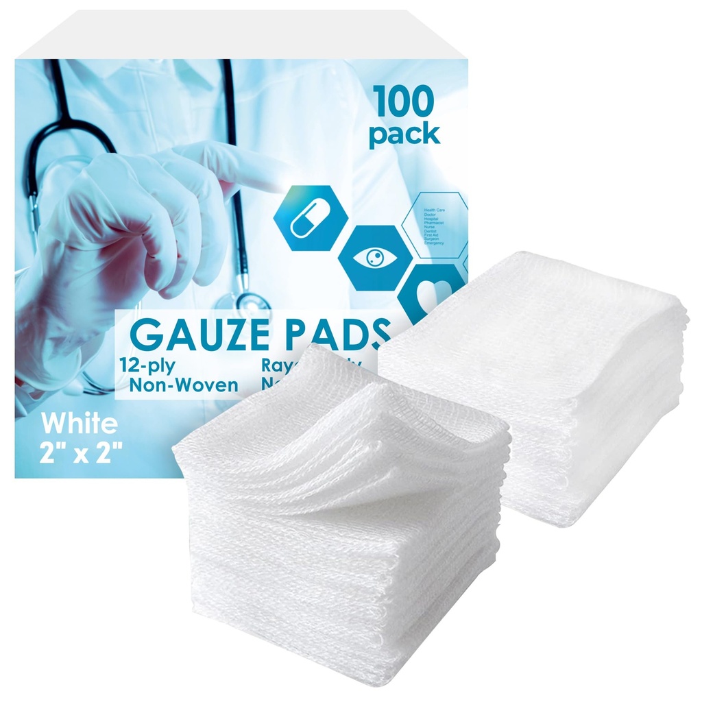 EZGOODZ White Cotton Pads Non Sterile, 2 x 2 Inches. 100 Pack Disposable Non Sterile Pads. 12-Ply Absorbent Surgical Pad. Breathable Medical Squares for Injuries, Scratches