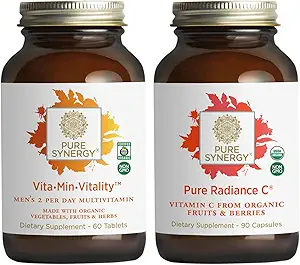 PURE SYNERGY Men’s Multivitamin, Stress, and Energy Essentials Bundle | Whole Food Multi with Adaptogens and Cordyceps | Natural Vitamin C Immune Supplement | Vegan, Non-GMO, and Organic Ingredients