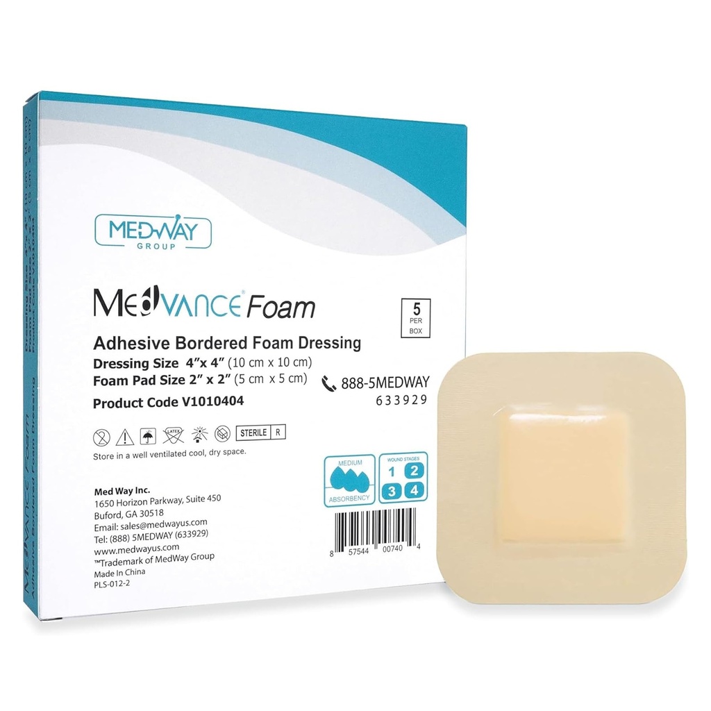 Medvance Waterproof Adhesive Bordered Foam Dressing, 4"x4", Box of 5 | Individually Wrapped - Highly Absorbent Bandages - Semi-Permeable Foam Wound Dressing Pads