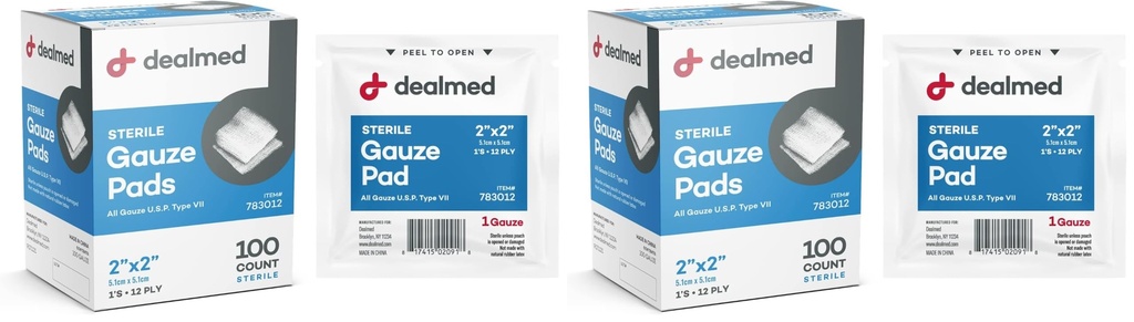 Dealmed 2’’ x 2’’ Sterile Gauze Pads (100 Count) Disposable and Individually Wrapped Medical Gauze Pads, Wound Care Product for First Aid Kit and Medical Facilities (Pack of 2)