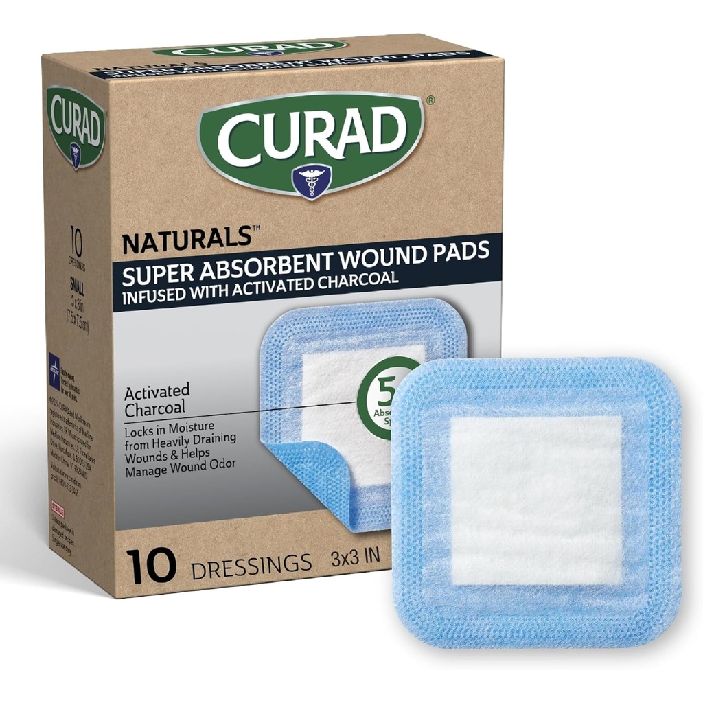 CURAD Naturals Charcoal Super Absorbent SAP Wound Pads, 3" x 3", 30 Count | With Activated Charcoal Odor Control, Super Absorbent Polymer, Non Adhesive Pad And Water Repellent Edges