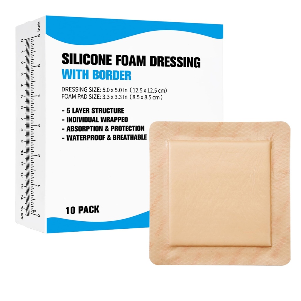 10 Pack Silicone Foam Dressing with Border, 5x5'' Bandage Pad Wound Care | Waterproof & Self-Adhesive Wound Dressing for Bed Sore,Pressure Ulcers, Leg Ulcer,Burn, Surgical Wound,Abrasion, Skin Tears
