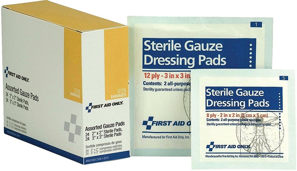 First Aid Only Dressing Pad, Gauze 2" & 3" - 48 Per Box