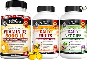 BioSchwartz Daily Fruits and Veggies Supplement for Women and Men (2 Month Supply) Plus High Strength Vitamin D3 5000 IU 125 mcg (1 Year Supply)