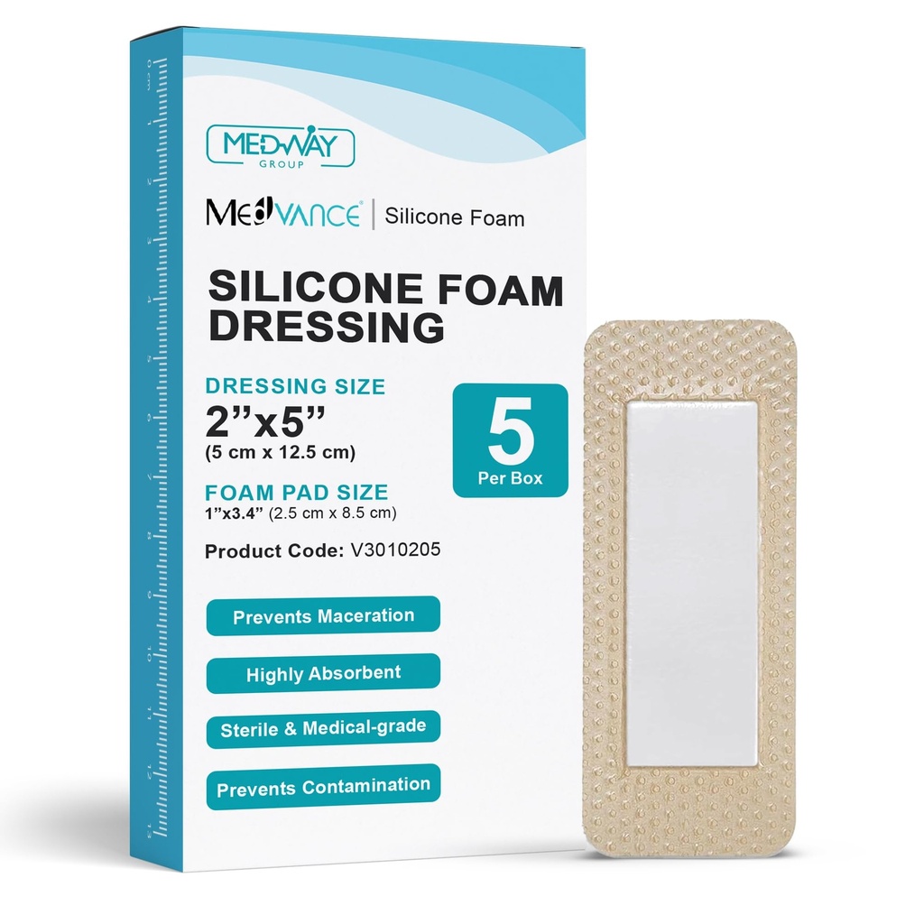 MedVance Silicone Foam Adhesive Dressing with Border, 2"x5", Box of 5 | Sterile And Individually Wrapped - Highly Absorbent & Medical Grade - Promotes Faster Healing - Breathable And Waterproof