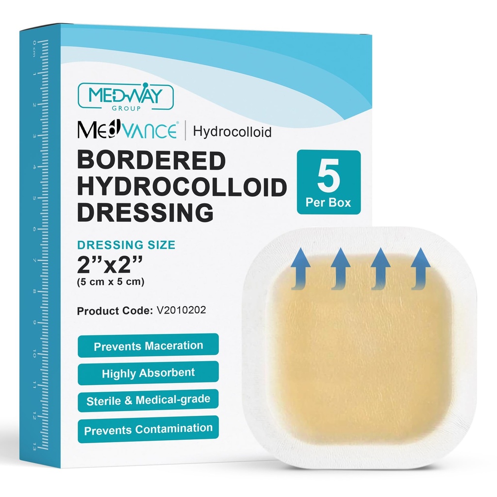 MedVance Bordered Hydrocolloid Adhesive Dressing Waterproof, 2"x2" Box of 5 | Sterile And Individually Wrapped - Waterproof Skin-Friendly Adhesive Pads - Easy Apply Hydrocolloid Bandage - Wound Care