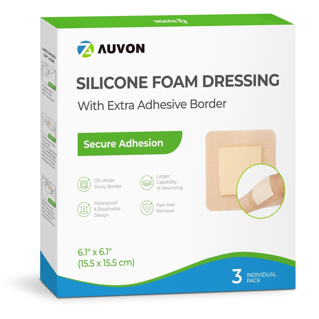 AUVON 6" x 6" Silicone Foam Dressing with Large Adhesive Border, 3 Packs | Wound Dressing Pads with High Absorbency, Waterproof for Wound Care & Protection Plus Cushioning, Skin-Friendly, Easy Off