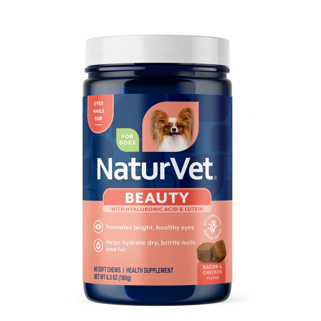 NaturVet Beauty Targeted Care Skin & Coat Supplement for Dogs - 60 Ct | Support Shiny Coat, Brighter Eyes & Strong Nails with Biotin, Hyaluronic Acid, Lutein, & Omega Fatty Acids, 60 Bacon