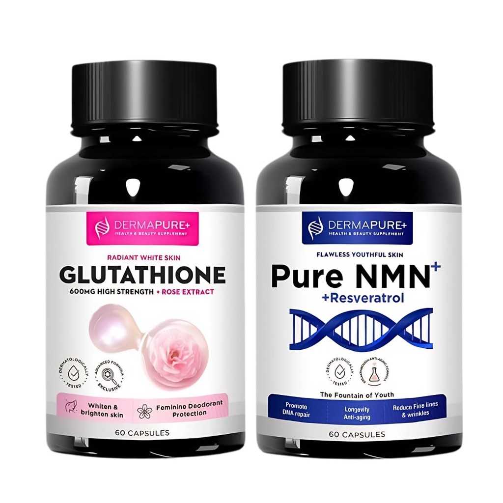 DermaPure+ Complete Skin Care Combo – Glutathione Whitening & NMN Anti-Aging Supplements, Support Youthful Skin, Dark Spots, Hypopigmentation, Melasma & Acne Scars, NAD+ Boost, Reduce Wrinkles