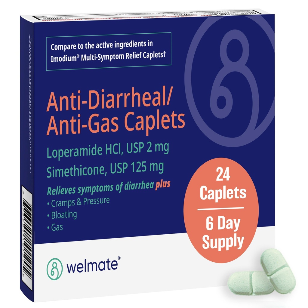 WELMATE - Anti-Diarrheal/Anti-Gas Caplets (24 Count) - Diarrhea, Gas, Bloating, Cramps - Loperamide HCl 2mg & Simethicone 125mg - OTC Medication | Fast-acting multi-symptom strength medicine caplets used to relieve diarrhea, gas, bloating, pressure, and cramps.